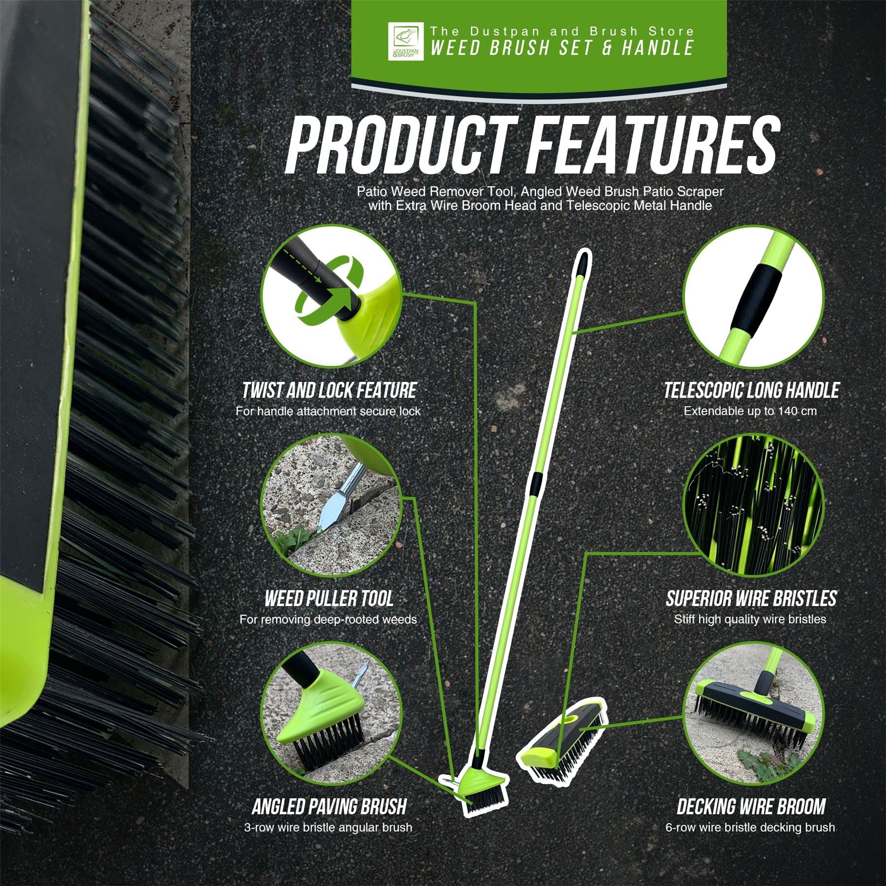 3 in 1 Garden Block Paving Weeding Wire Weed Brush with Telescopic Handle